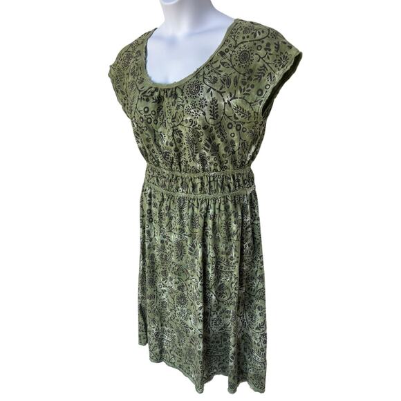 Sahalie Olive Cotton Jersey Pullover Dress w Block Print Pattern, Tie Dye size L - Picture 5 of 11